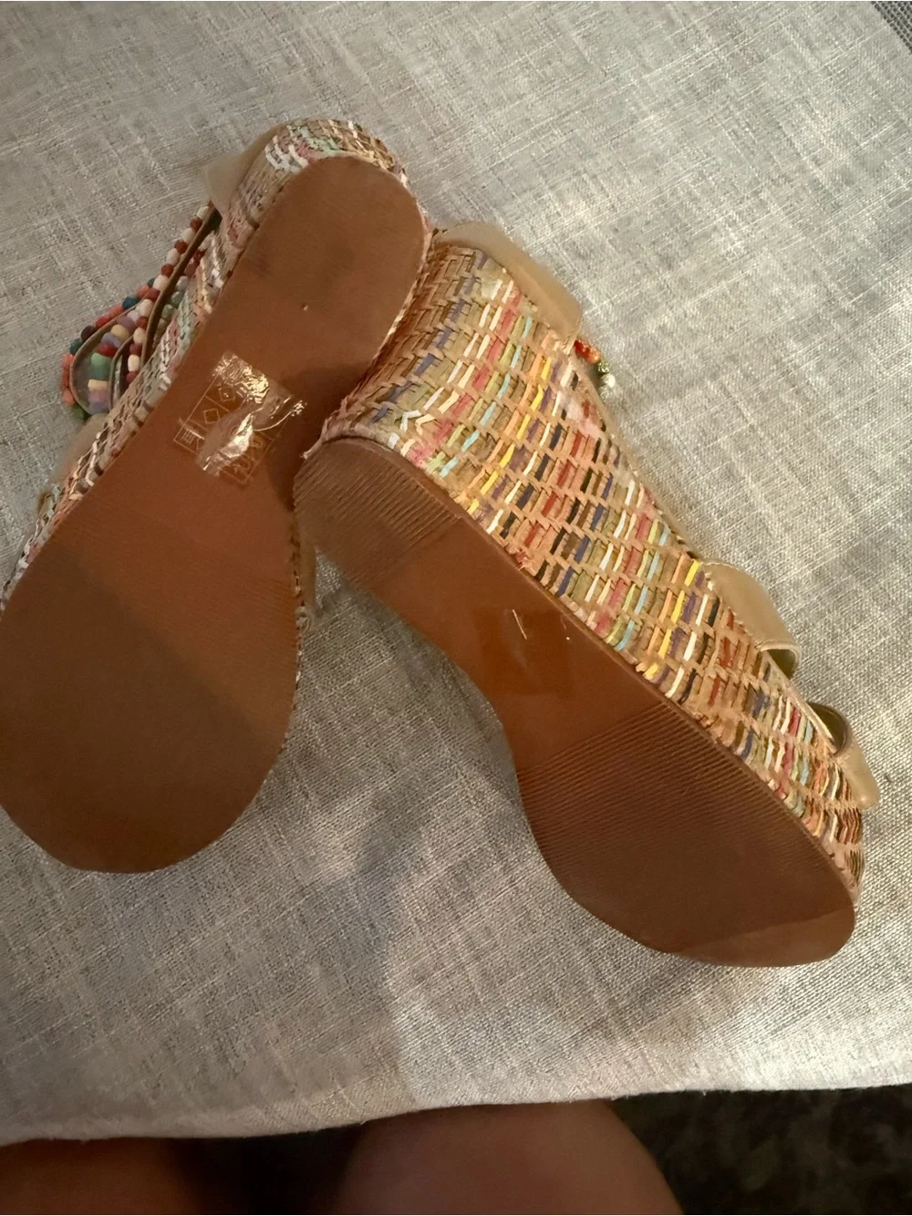 Tan Espadrille Wedge Sandals with Multicolor Beaded Straps